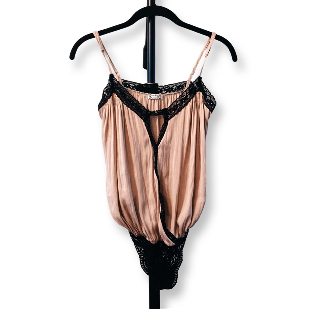 Free People Intimately Pink and Black Lace Bodysuit